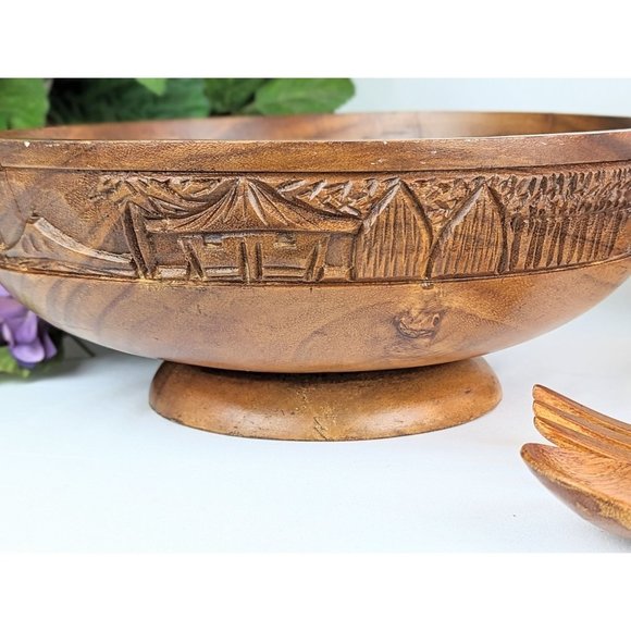 Vintage Hand Carved Wood Salad Bowl Set 10 Piece Polynesian Carved Wood Bowls - Picture 5 of 10